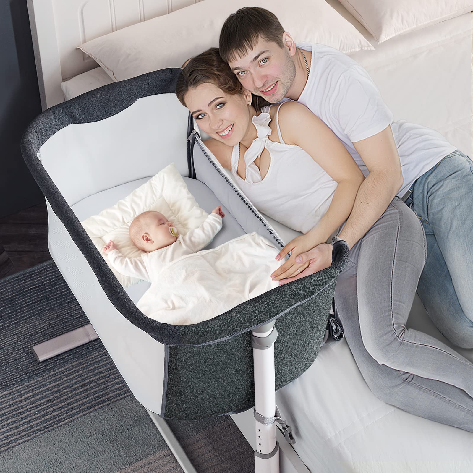 ALVOD Baby Bassinet Bedside Sleeper - Adjustable Height Crib for Infants with Breathable Mesh, Easy Assembly (Dark Grey) | Perfect for Nursery, Bedroom & Travel Use