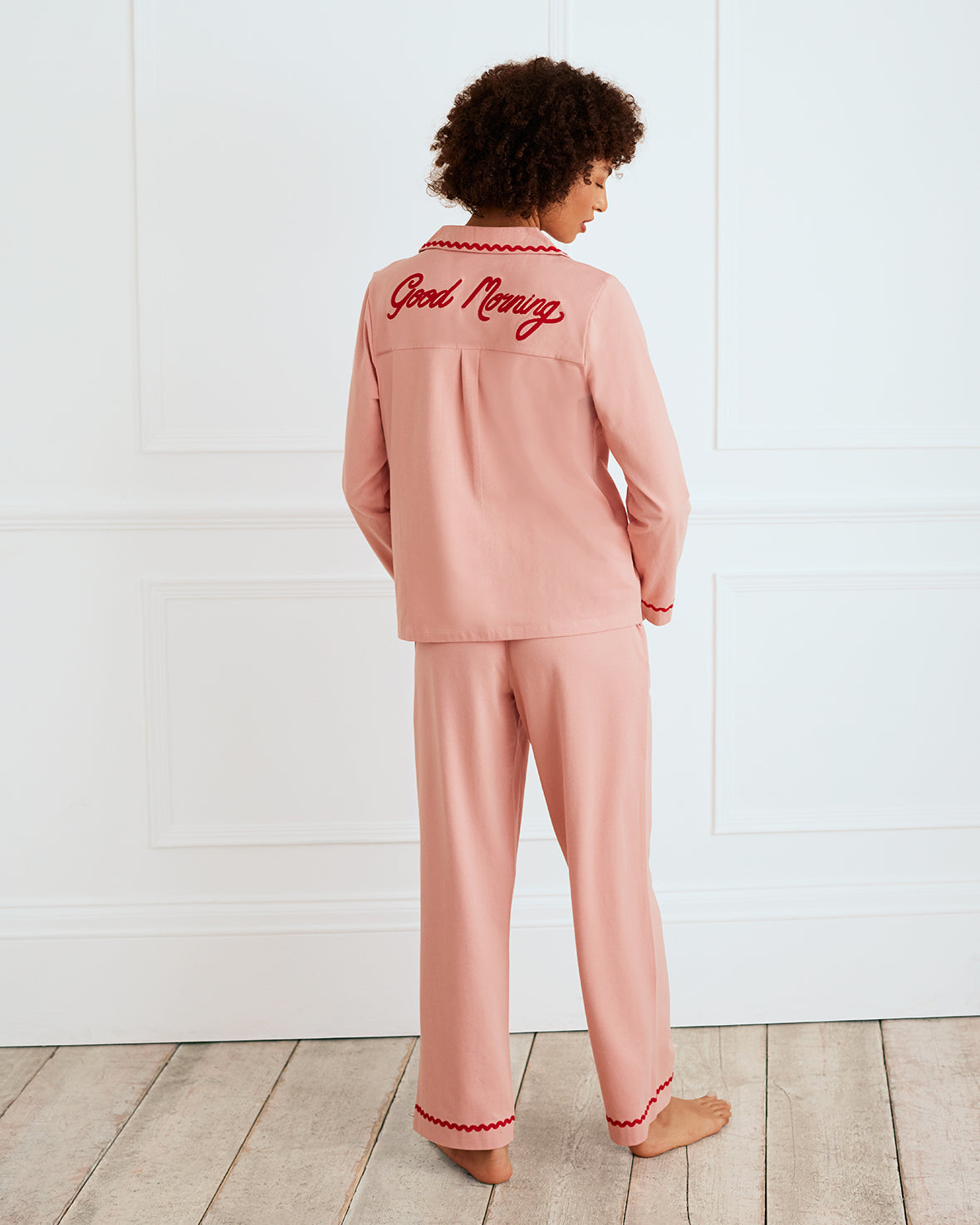 Organic Cotton Embroidered Back Good Morning Long Pajama Set for Women - Soft & Comfortable Sleepwear for Nighttime & Lounging