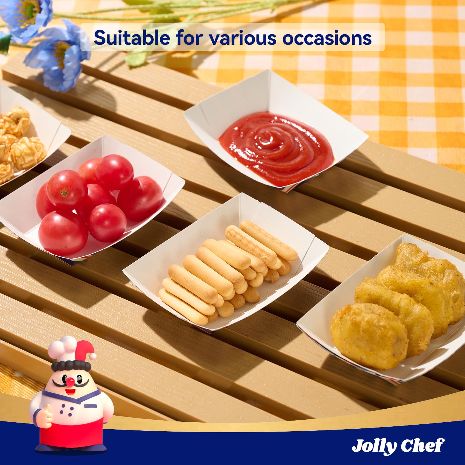 JOLLY CHEF 250 Pack 1/4 Lb Disposable Paper Food Trays - Mini Serving Boats for Snacks, Desserts, Tacos, Nachos - Perfect for Parties, Catering & Takeout