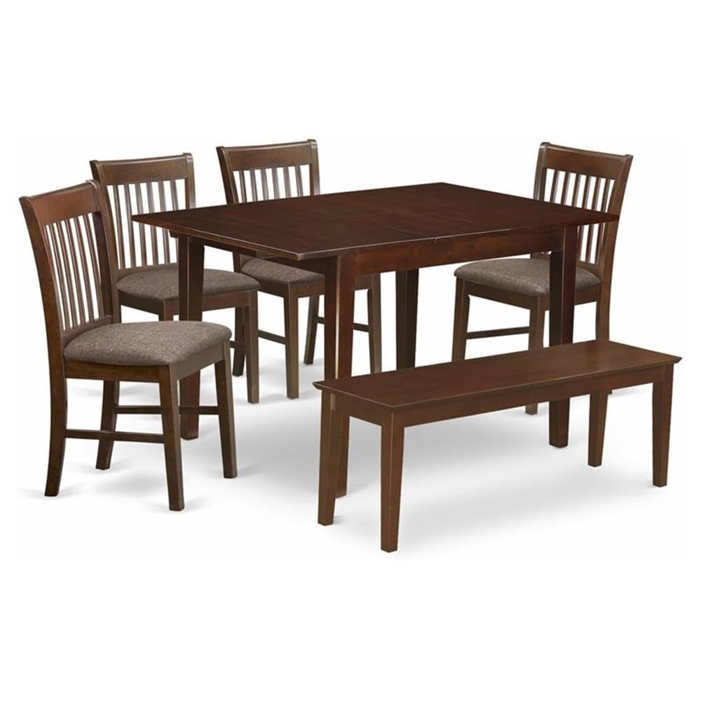 East West Furniture 6-Piece Dining Room Set - Rectangle Table with Butterfly Leaf, 4 Linen Fabric Chairs & Bench, 36x54 Inch, Mahogany | Perfect for Family Meals, Dinner Parties & Small Space Dining Rooms