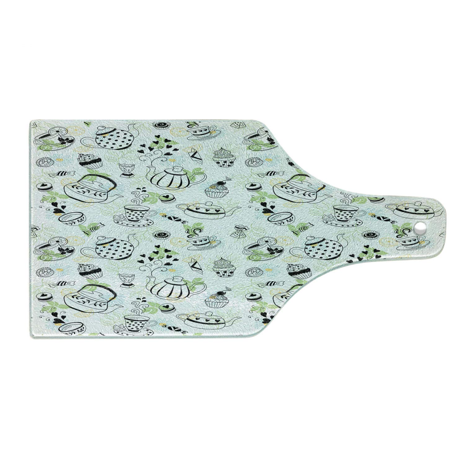 Ambesonne Tea Party Cutting Board - Hand Drawn Doodle Style Teapots, Cups, Sweets & Flowers - Tempered Glass Serving Board for Kitchen, Cheese & Charcuterie - Perfect for Tea Parties, Bridal Showers & Home Decor (Black, White, Green)