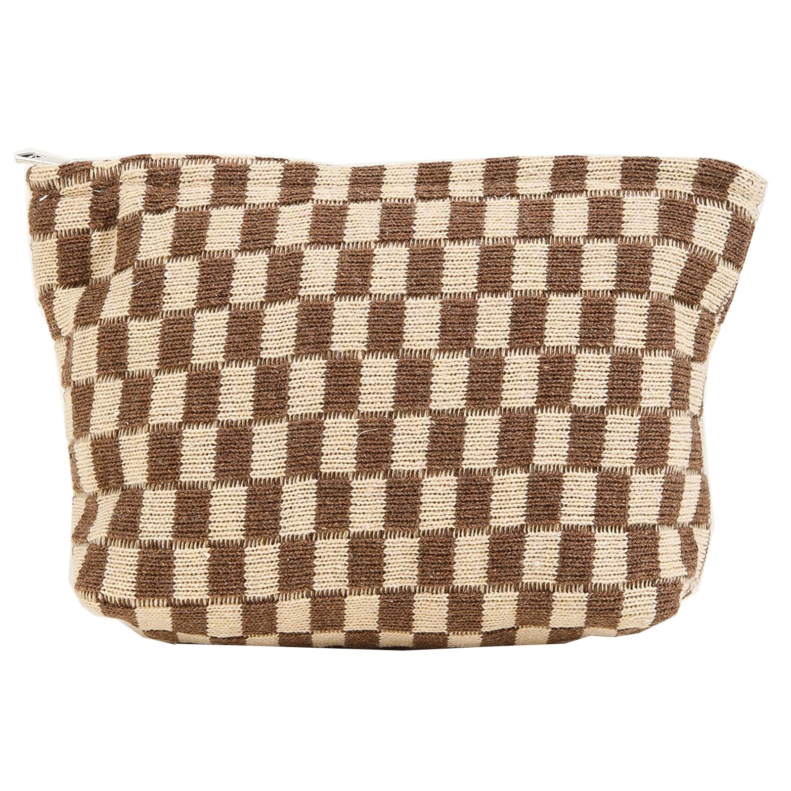 Brown Grid Print Large Cosmetic Bag for Women - Travel & Makeup Organizer