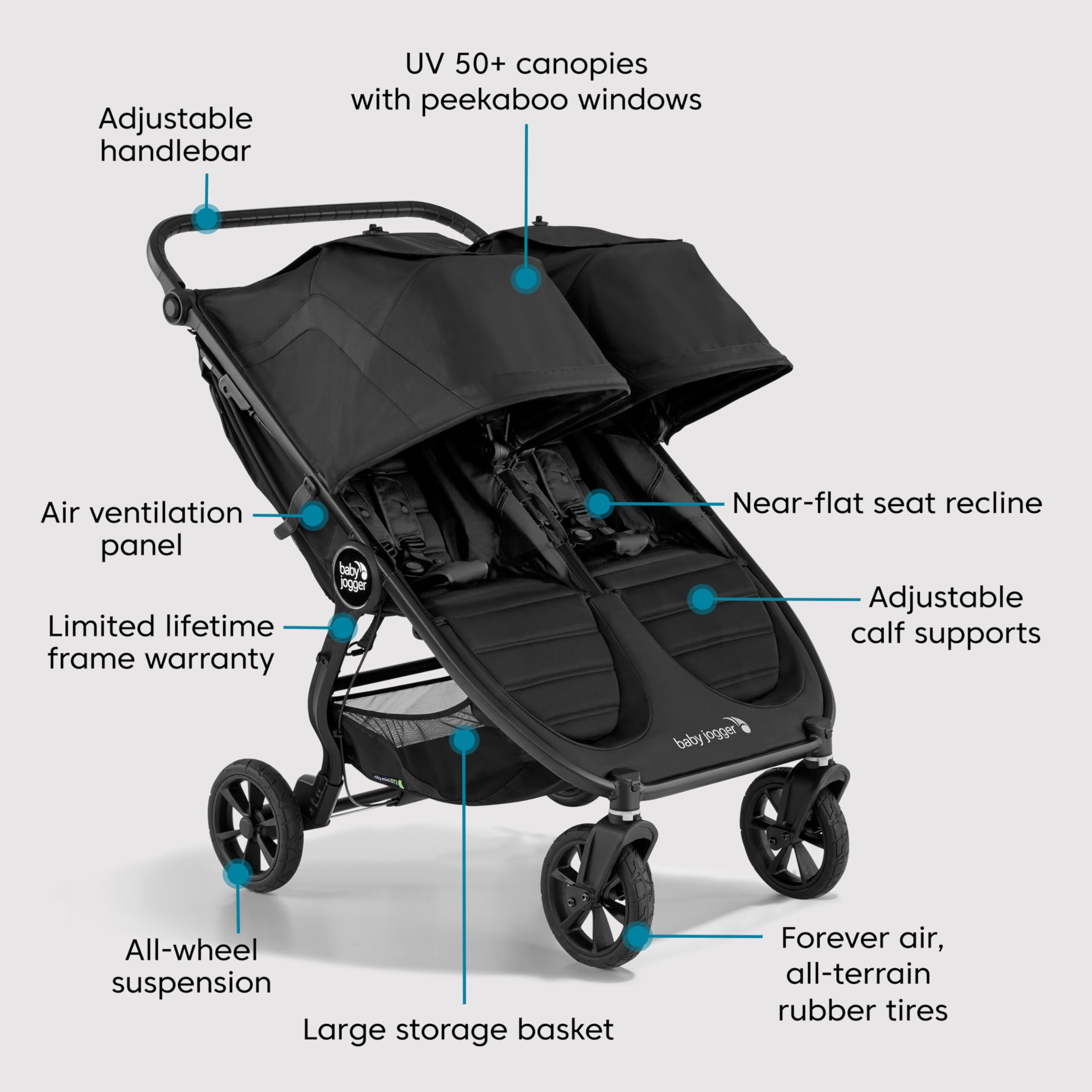 Baby Jogger City Mini GT2 All-Terrain Double Stroller for Toddlers - Lightweight Compact Foldable Design - Jet Black - Perfect for Running, Hiking & City Walks with Twins