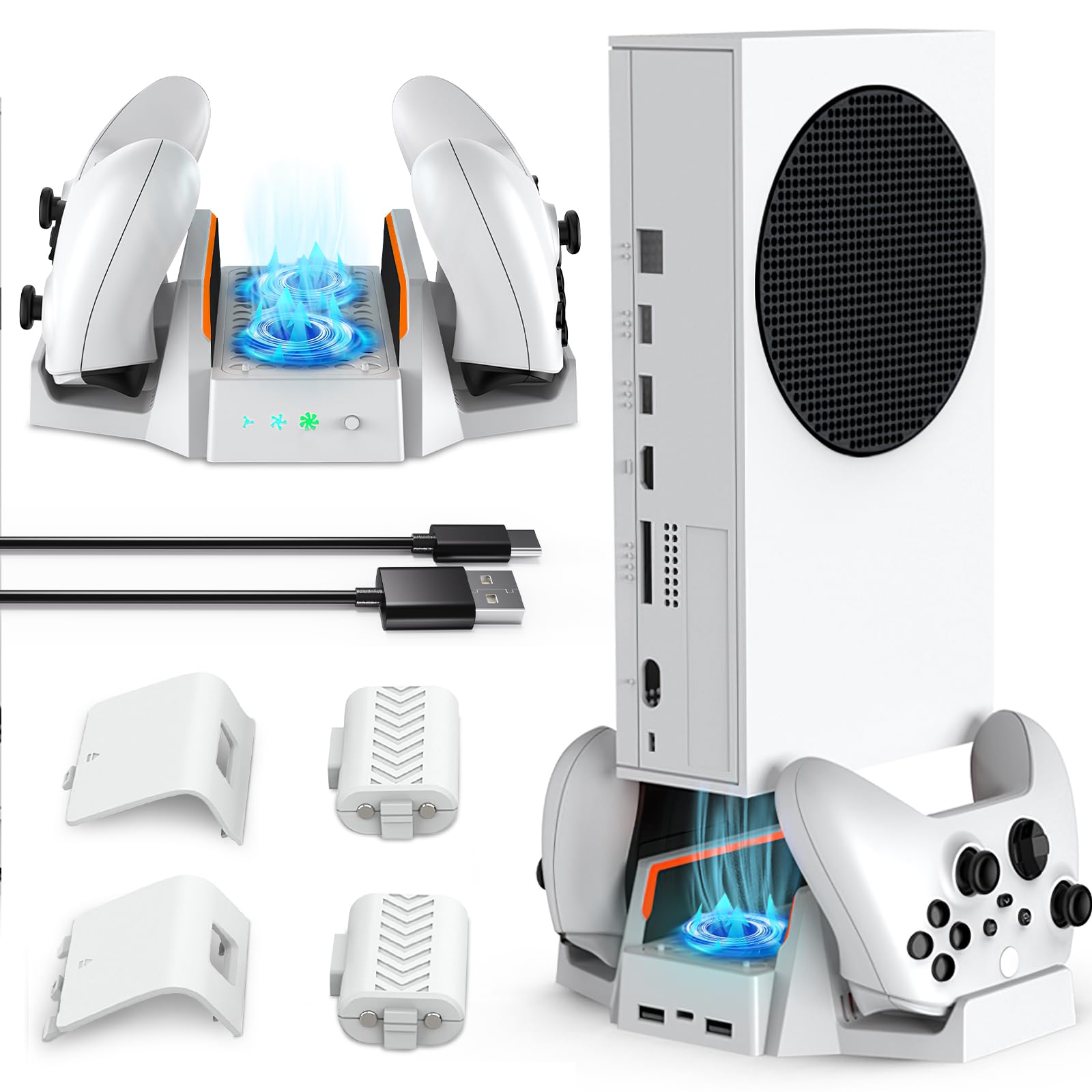 CTPOWER Cooling Stand for Xbox Series S with Dual Cooling Fans, 3-Speed Adjustable, Dual Controller Charger & LED Indicator, USB Port - 2 x 800mAh Rechargeable Batteries - Perfect for Gaming Sessions & Preventing Overheating