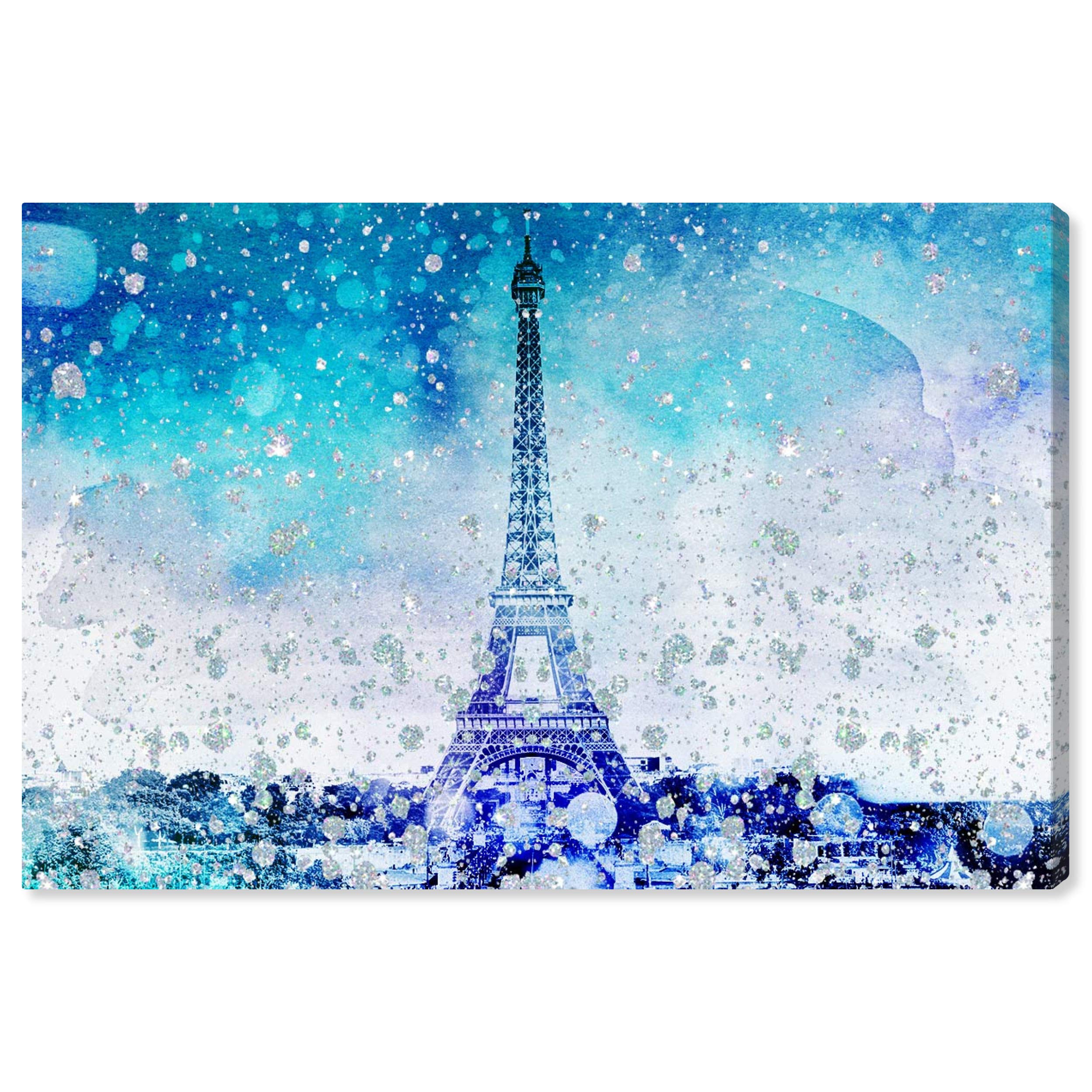 Oliver Gal Artist Co. Cities and Skylines Wall Art Canvas Print - Eiffel Glitter Blue Paris Landscape Painting - 30x20 Inch Modern Home Decor for Living Room, Bedroom & Office - White Framed Artwork