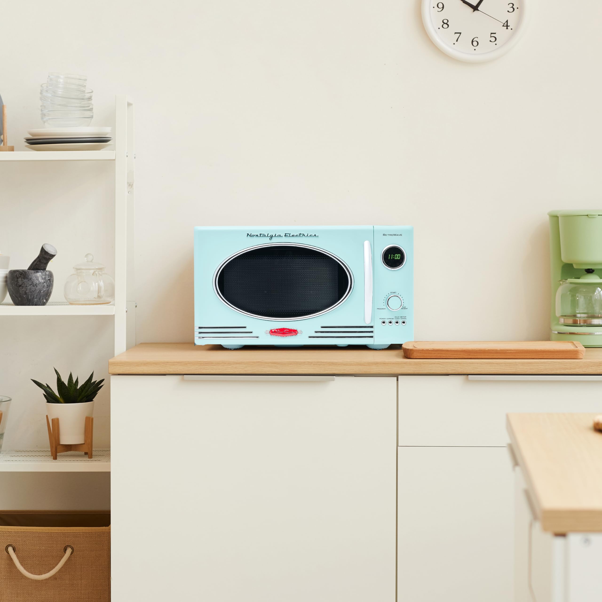 Retro Countertop Microwave Oven 800W with 12 Pre-Set Cooking Modes & Digital Clock - 0.9 Cu Ft Compact Microwave for Small Kitchen, Dorm, Office - Vintage Aqua Design
