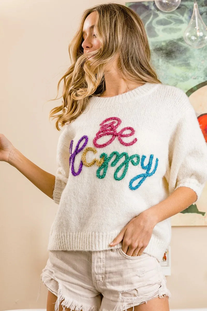 BiBi Metallic Letter Short Puff Sleeve Fuzzy Sweater | Women's Fashion Knitwear for Casual Outings & Holiday Parties