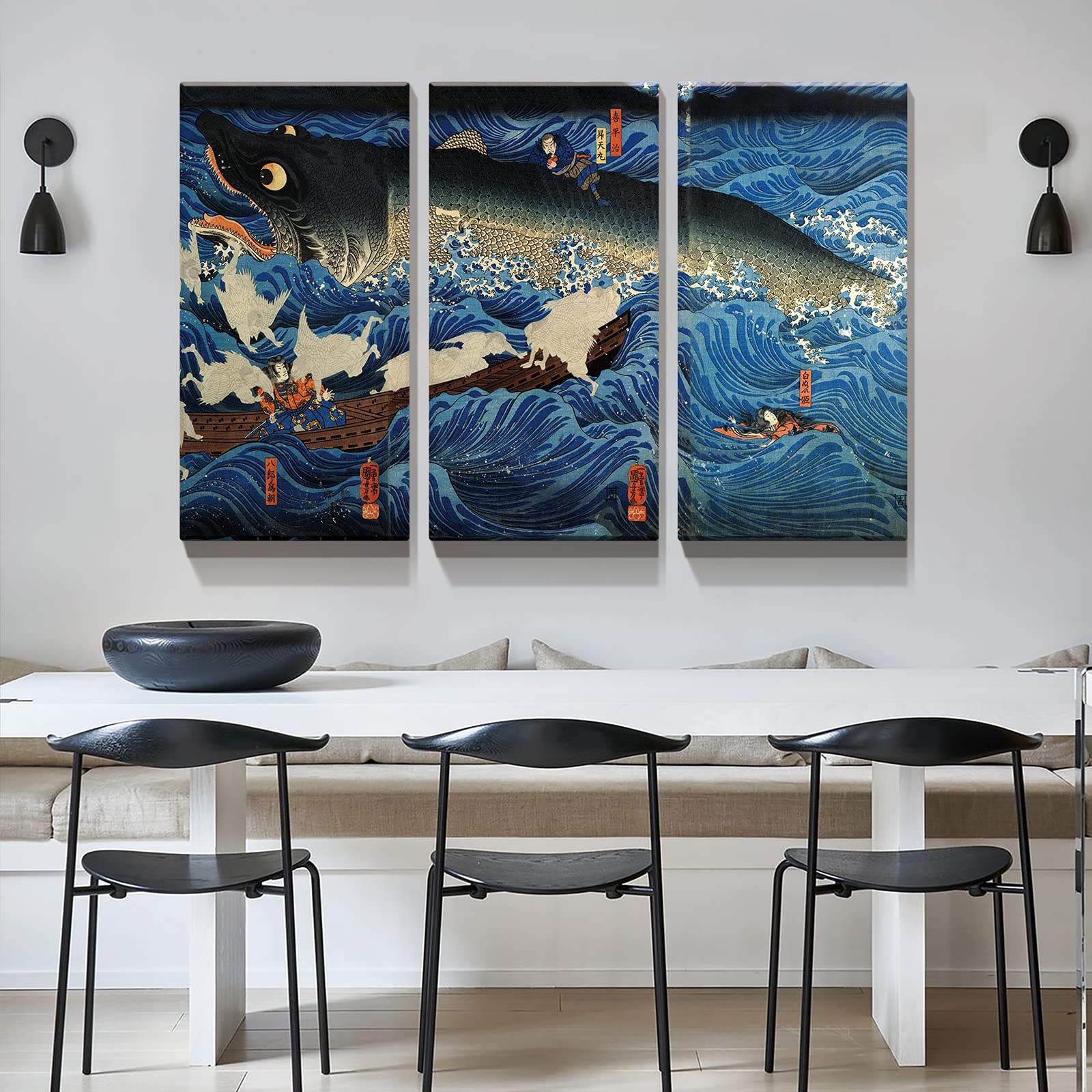 Denozer - 3 Piece Canvas Wall Art Set - Ukiyoe Style Oil Painting Reproduction Giclee Prints, Stretched & Framed Ready to Hang - 24x48 Inch Triptych for Living Room, Bedroom & Office Decor