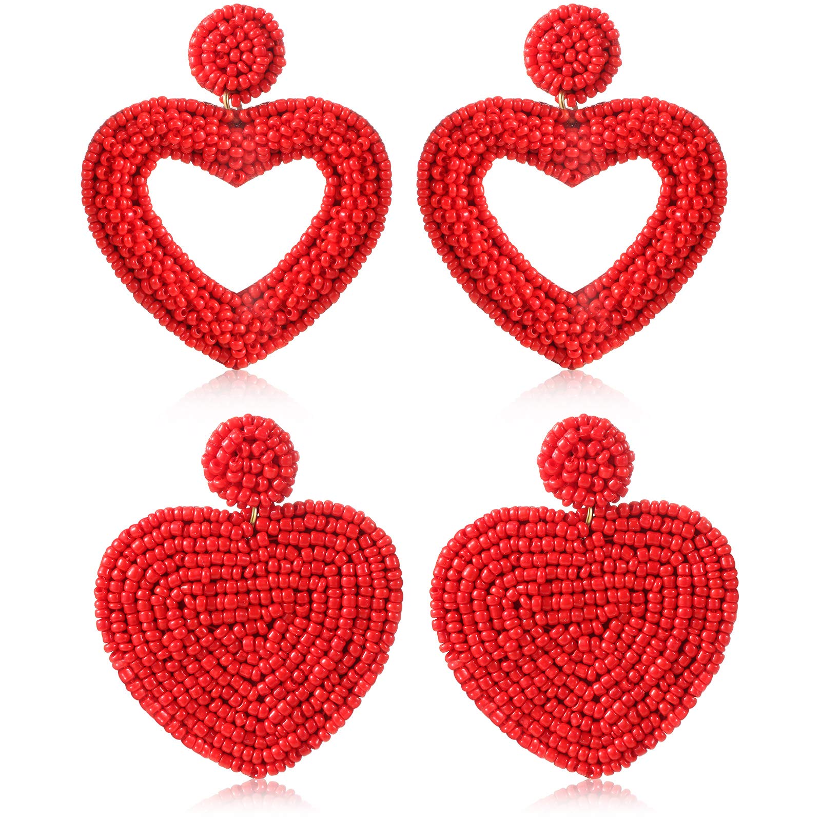 2 Pairs Valentine's Day Heart Earrings for Women - Bohemian Beaded Drop Dangle Earrings, Handmade Seed Bead Statement Jewelry for Girls & Women - Perfect for Birthday Gifts, Romantic Dates & Boho Fashion Accessories