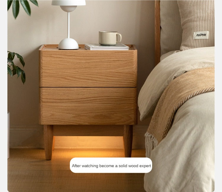 Oak Solid Wood Smart Nightstand with Wireless Charger, USB Ports & Built-in Lamp - Perfect for Bedroom, Living Room & Office