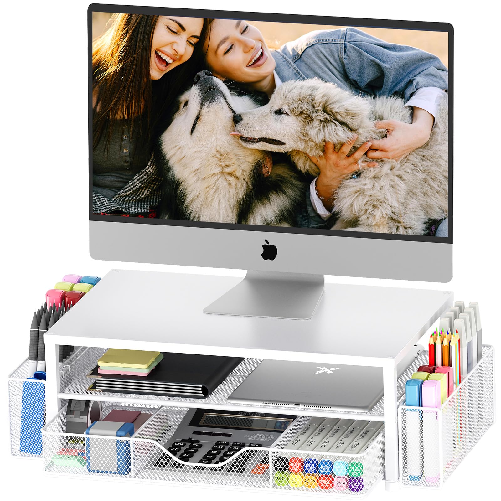 2-Tier White Computer Monitor Stand with Drawer & Pen Holders - Desk Organizer for Office Supplies, Workspace Accessories | Perfect for Home Office & Workspace Organization