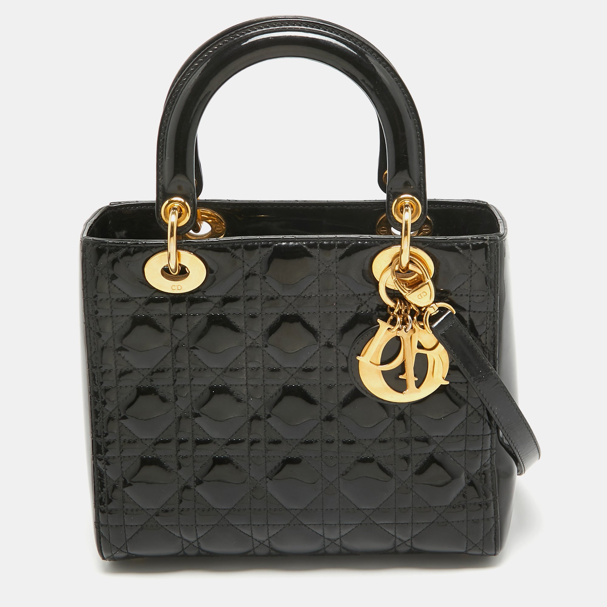Black Cannage Patent Leather Medium Lady Tote Bag - Luxury Designer Handbag for Women, Perfect for Work, Travel & Everyday Use
