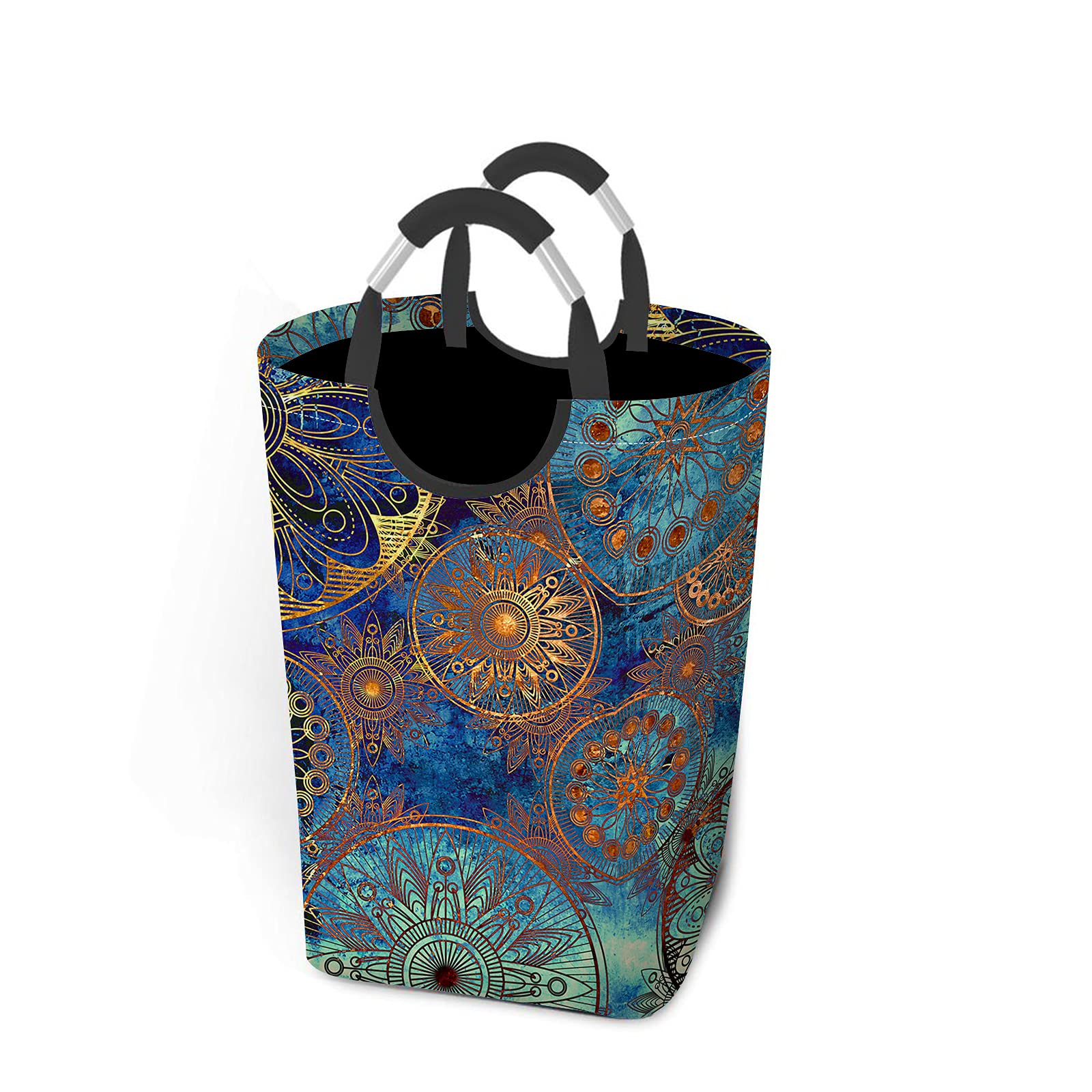 Wondertify Floral Damask Laundry Hamper with Handles - Foldable Clothes Basket for Bedroom, Nursery & Dorm Organization (Blue/Orange/Gold) - Perfect for Toys, Blankets & Clothes Storage