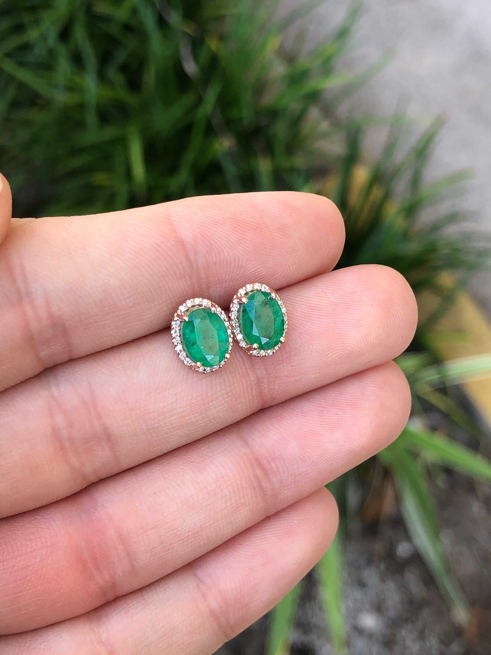 2.10tcw Oval Cut Dark Green Emerald & Diamond Halo 14K Rose Gold Stud Earrings for Women | Luxury Bridal Jewelry, Anniversary Gift, Evening Party Accessories