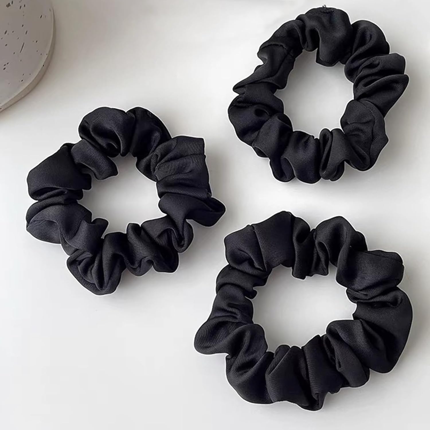 BAKEFY 6-Pack Black Satin Silk Hair Scrunchies - Soft No Damage Hair Ties for Women & Girls, Elastic Ponytail Holders for Sleep, Workout, and Everyday Use