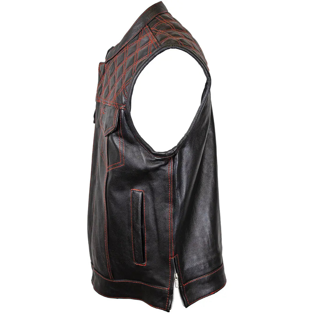 Open Road Men's Upside Leather Vest with Red Stitched Diamonds - Stylish Biker Jacket for Motorcycle Riding & Casual Outfits