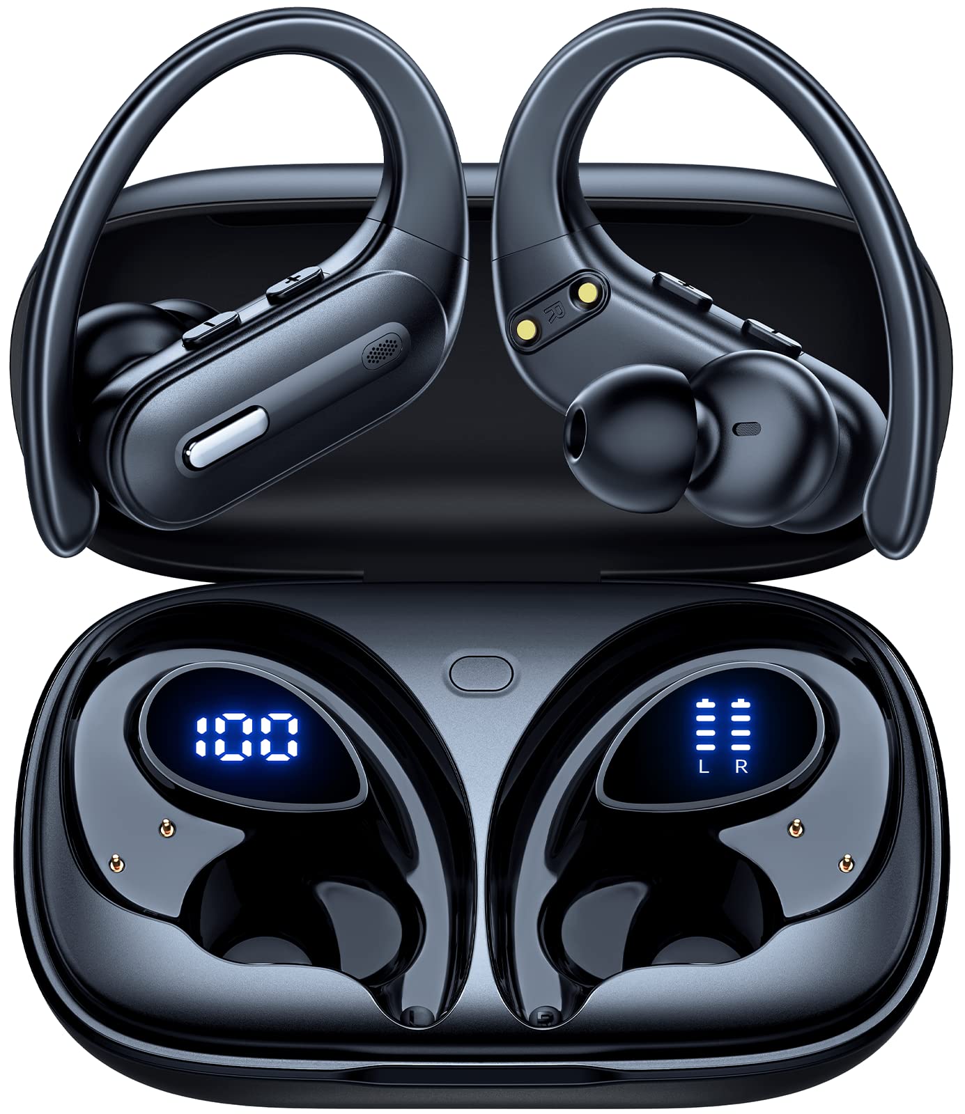 **Wireless Earbuds Bluetooth 5.3 with 90H Playtime, Wireless Charging Case, Power Display, Earhooks & IPX7 Waterproof – Stereo Sound for Android, Workouts, Running & Gym (Black)**
