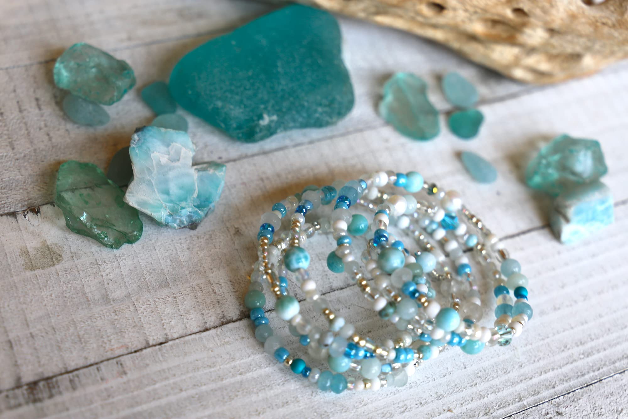 Larimar 5-Strand Wrap Bracelet with Blue Jade & Aquamarine Beads - Handmade Silver Beaded Boho Jewelry for Women - Perfect for Yoga, Meditation & Beach Vacations