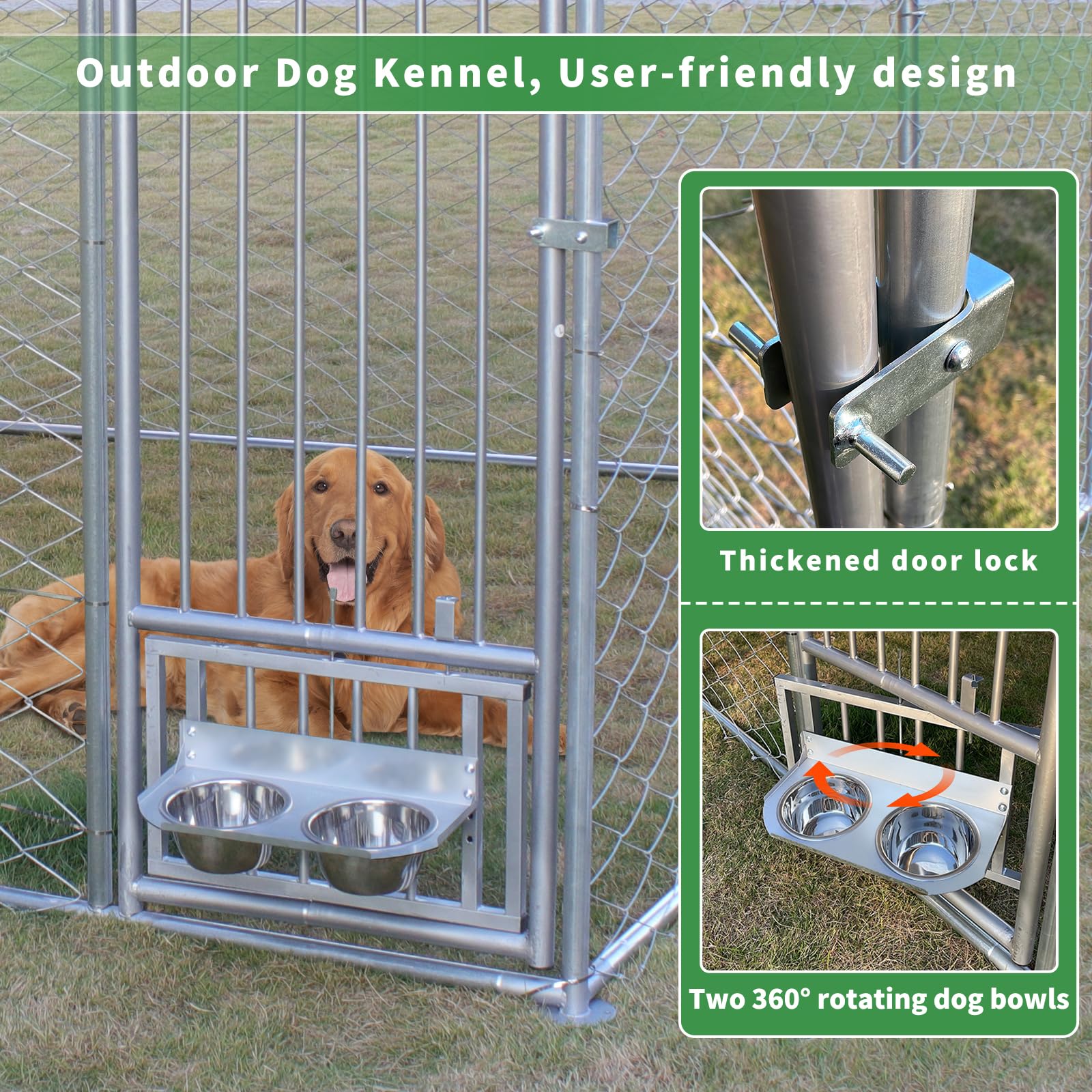 Rovibek 10'×10' Heavy Duty Outdoor Dog Kennel with Roof - Waterproof & Sun-Proof Cover, Includes 2 Stainless Steel Bowls - Perfect for Backyard, Garden, or Patio Dog Runs
