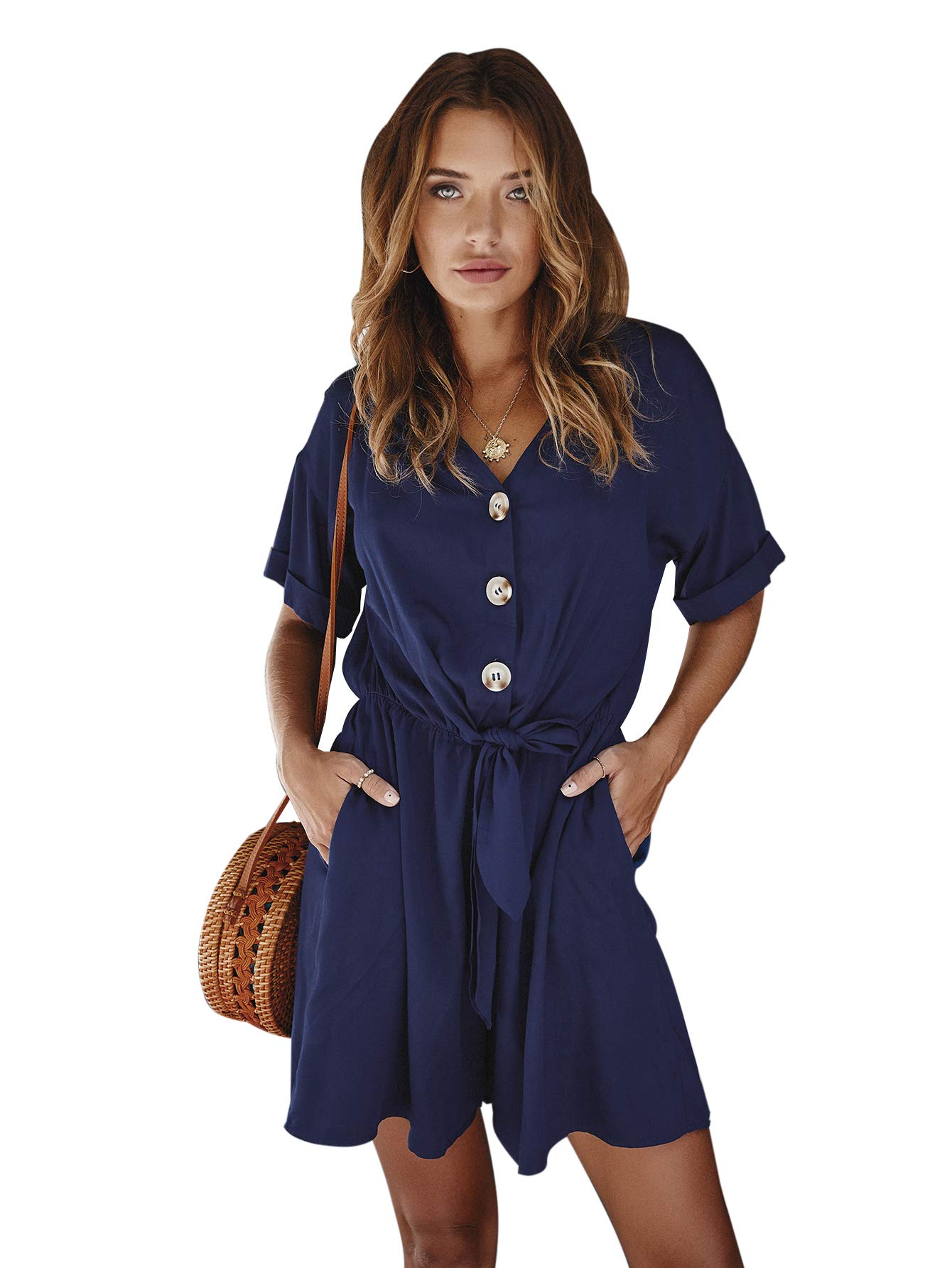 Miss Lavish London Women's V-Neck Short Sleeve Button Front Self-Tie Romper Jumpsuit - Casual Summer Outfit for Beach, Vacation & Mother's Day Gifts