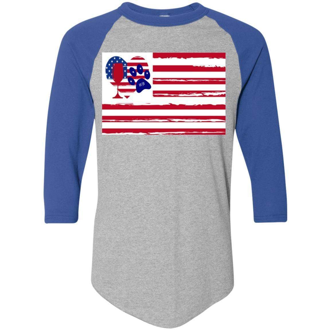 American Flag Wine Paw Heart Colorblock Raglan Jersey - Patriotic Comfort Wear for Casual Outings & Wine Tasting Events