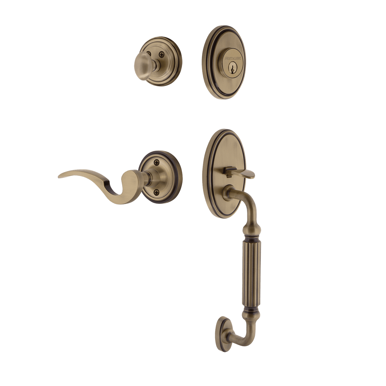 Antique Brass Classic Handleset with F Grip & Manor Lever - Vintage Door Hardware for Traditional Homes & Historic Renovations