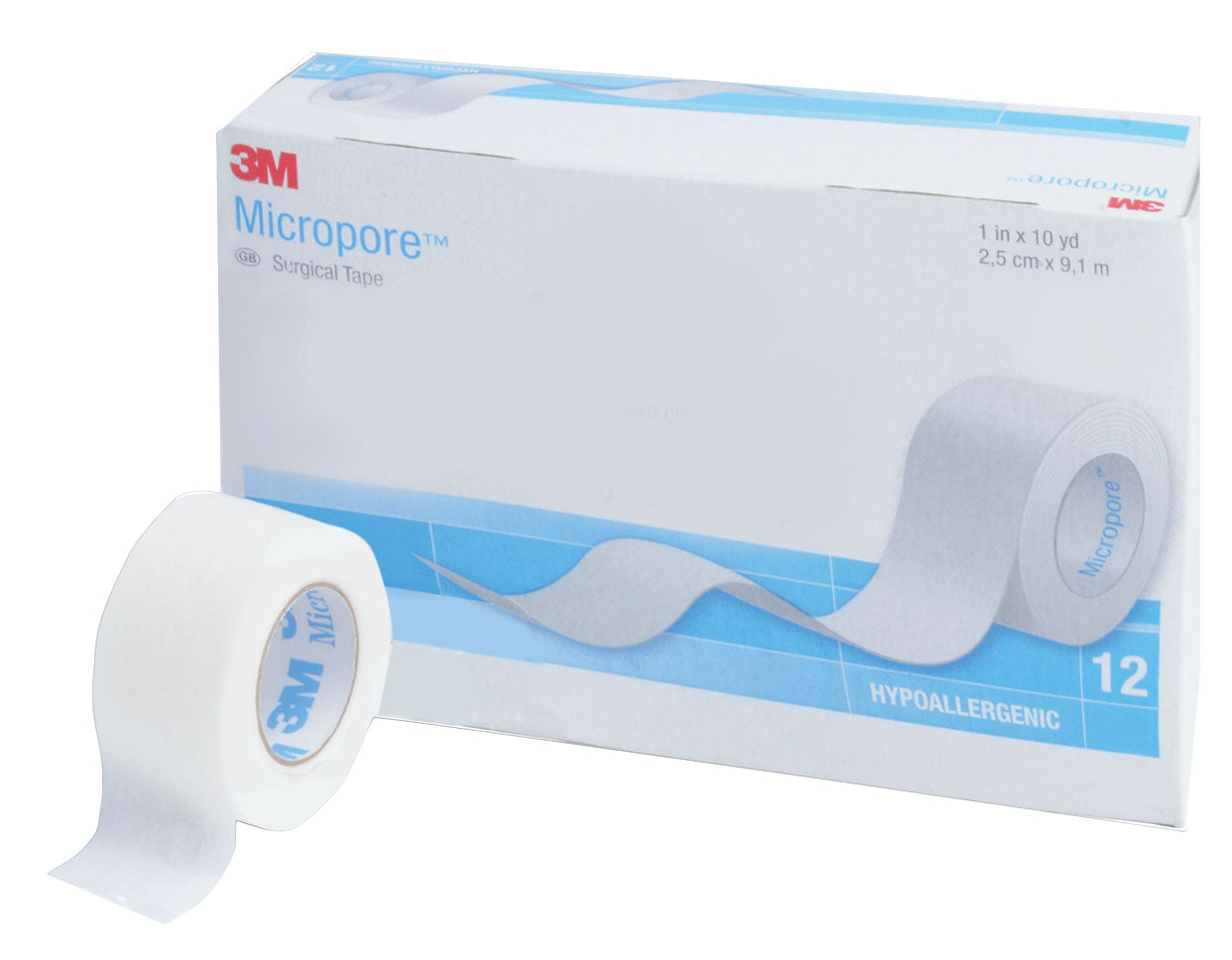 Micropore Surgical Paper Tape 2.5 cm x 9.1 m (1 Inch x 10 Yards) - 12 Rolls per Box - Hypoallergenic Medical Tape for Wound Dressing, First Aid & Securing Bandages