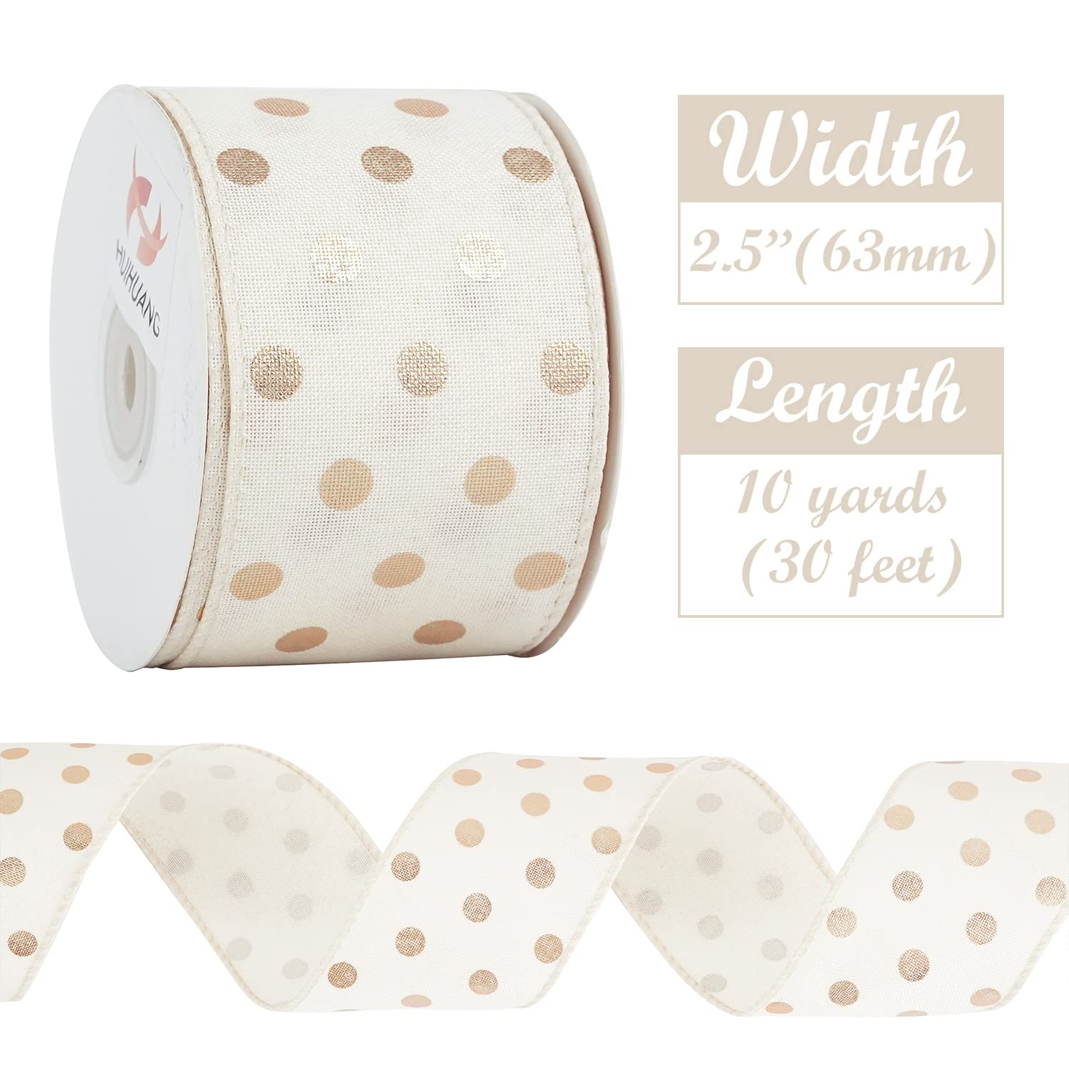 Gold Polka Dot Wired Ribbon - 2.5 Inch x 10 Yards White & Gold Burlap Ribbon with Wire Edge for Christmas Wreaths, Gift Wrapping, Basket Bows, Craft Decorations - Perfect for Holiday DIY Projects, Party Decor, and Seasonal Home Decoration