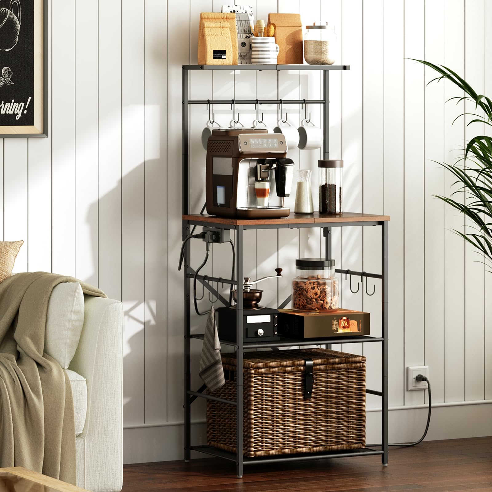 HOOBRO 4-Tier Kitchen Bakers Rack with Power Outlet & Storage Shelf - Microwave Stand, Coffee Bar Table with 9 S-Hooks - Rustic Brown & Black BF58UHB01 - Perfect for Small Kitchens, Pantry Organization & Coffee Station Setup