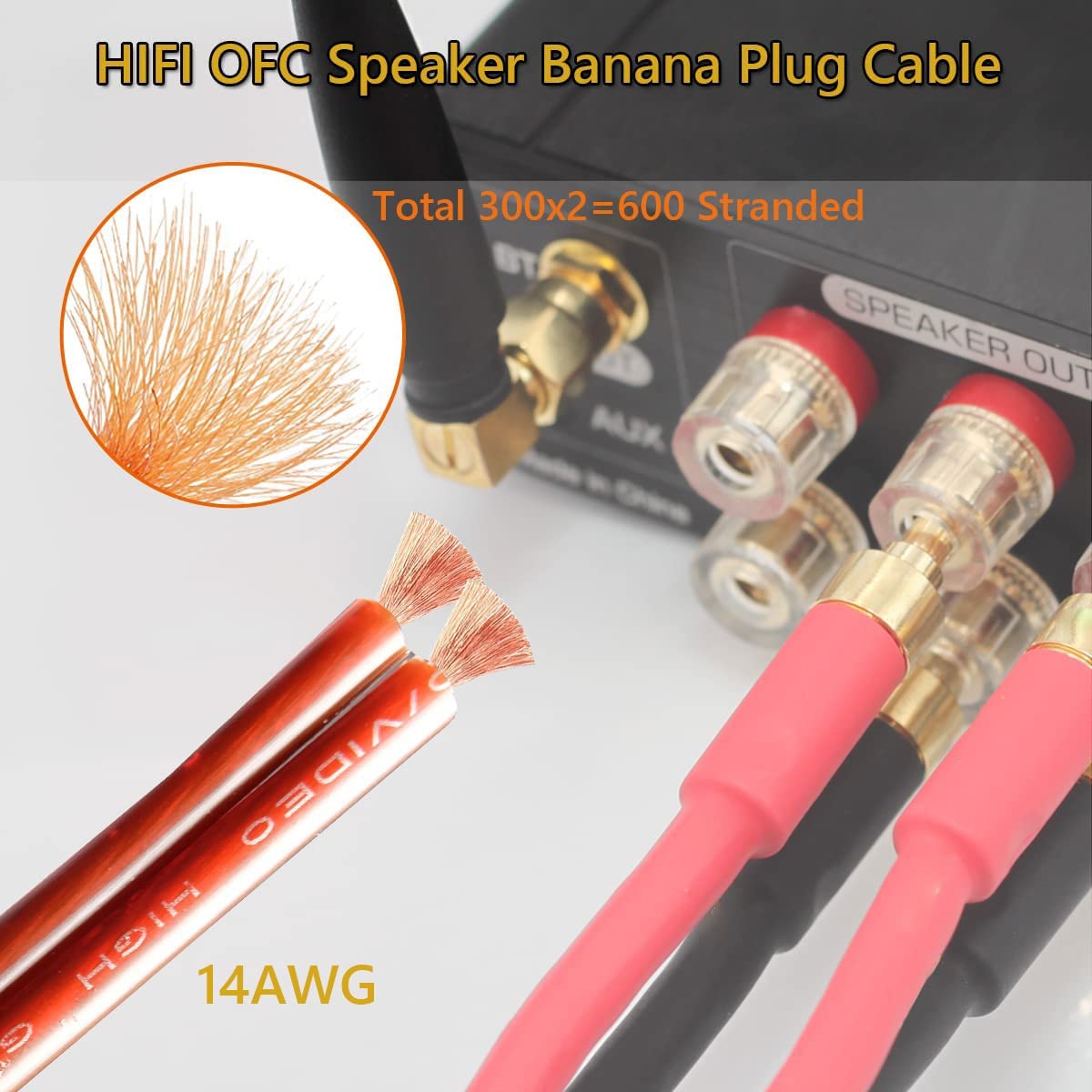 Premium WOWLED 2-Pack High-End OFC Speaker Cables - 14 AWG Pure Copper HIFI Audio Wire with Gold-Plated Banana Plugs (2m/6.56FT, Male to Male) - Perfect for Home Theater Systems, Stereo Speakers & Audiophile Setups