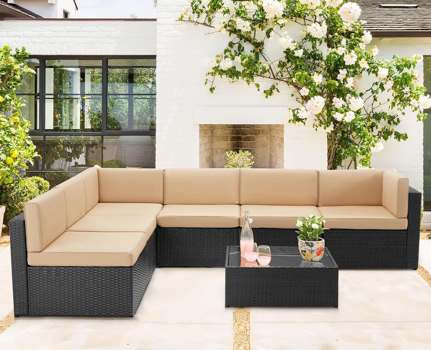 U-MAX 7-Piece Outdoor Patio Furniture Set - PE Rattan Wicker Sectional Sofa with Cushions & Coffee Table (Black Rattan & Beige Cushion) - Perfect for Garden, Backyard, Poolside & Patio Relaxation