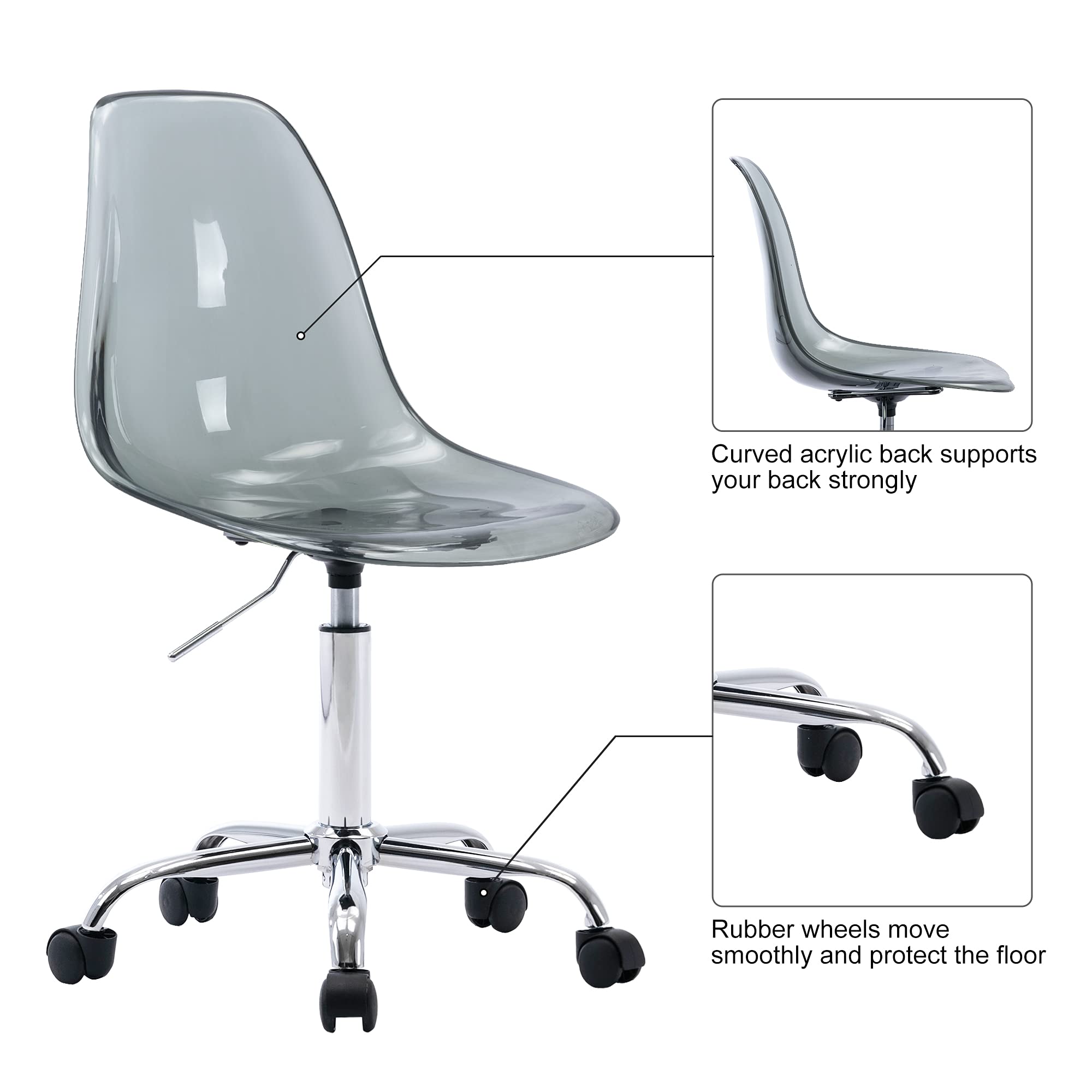 HOMEFUN Clear Acrylic Rolling Desk Chair - Armless Swivel Height Adjustable Ghost Plastic Office Chair with Wheels for Home & Vanity Use, Black - Perfect for Modern Workspaces & Beauty Stations
