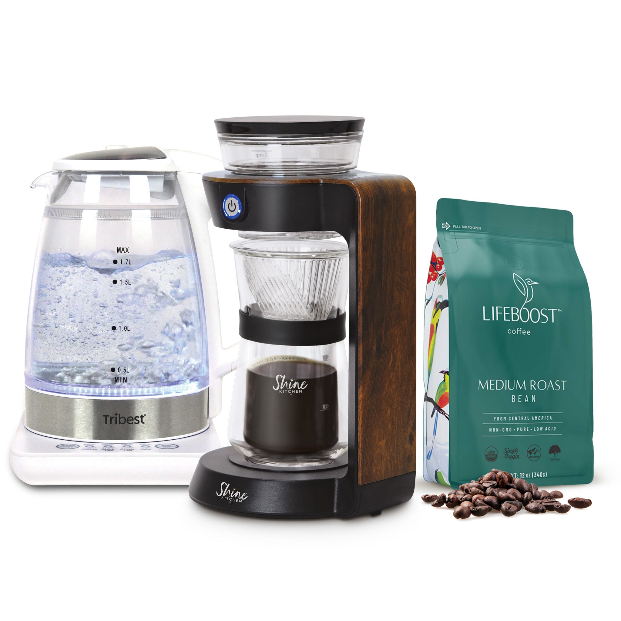 Shine Kitchen Co.® Automatic Pour Over Coffee Maker with Temperature Control Kettle & Lifeboost Premium Coffee Bundle - Perfect for Home, Office & Specialty Coffee Shops
