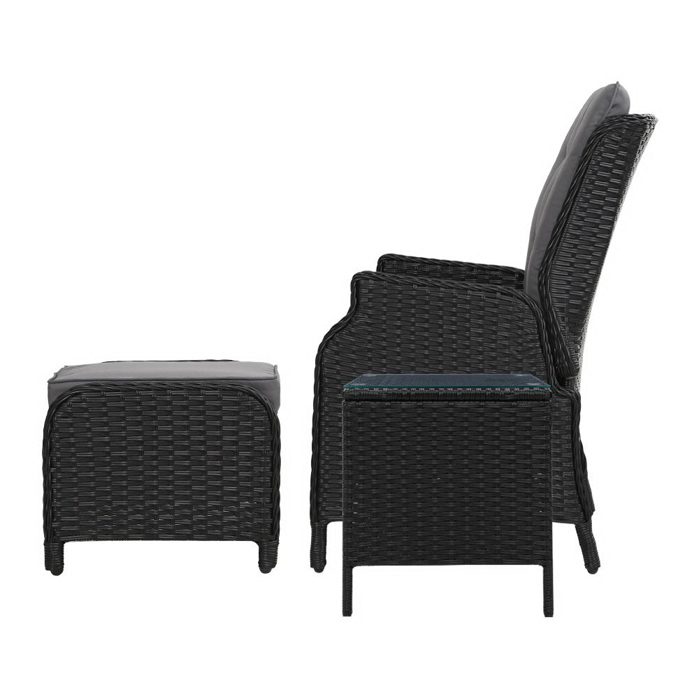 5-Piece Ella Outdoor Recliner Chair Set with Ottoman and Table - Black Patio Furniture for Backyard, Poolside & Garden Relaxation