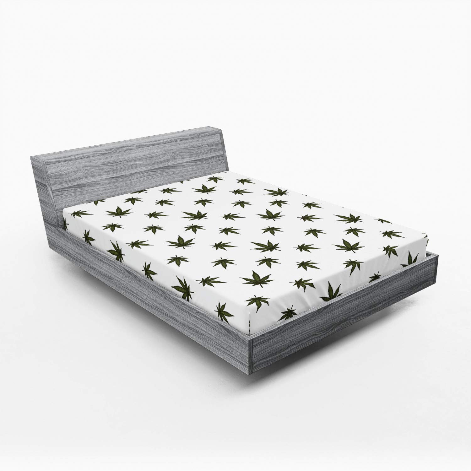 Ambesonne Botanical Fitted Sheet - California King Size Green White Leaves Flowering Plant Hemp Vegetable Medicinal Herbs Pattern Bed Cover with All-Around Elastic Pocket | Soft & Comfortable for Bedroom, Guest Room, Vacation Home