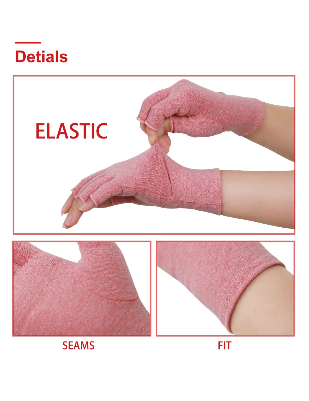 Donfri 2 Pairs Fingerless Compression Gloves for Women - Arthritis & Hand Pain Relief, Raynaud's Support - Comfortable for Typing, Gaming & Daily Activities (Pink, Size L)