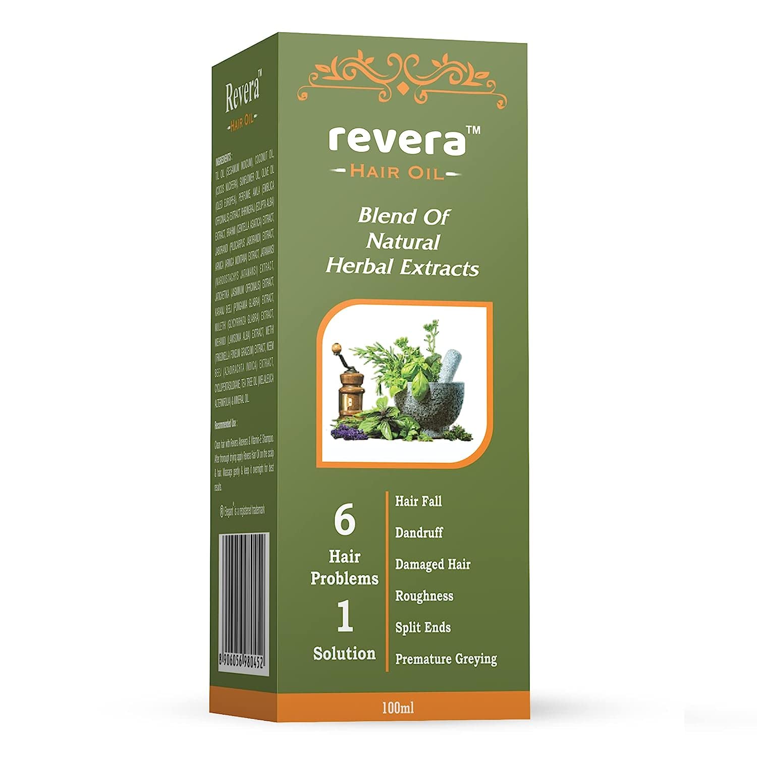 Revera 6-in-1 Herbal Hair Oil 100ml - Natural Jaborandi, Bhringraj & Brahmi Oil for Hair Growth & Scalp Care | Solution for Hair Loss, Dandruff & Thinning | Made in India | Perfect for Daily Hair Care & Scalp Massage