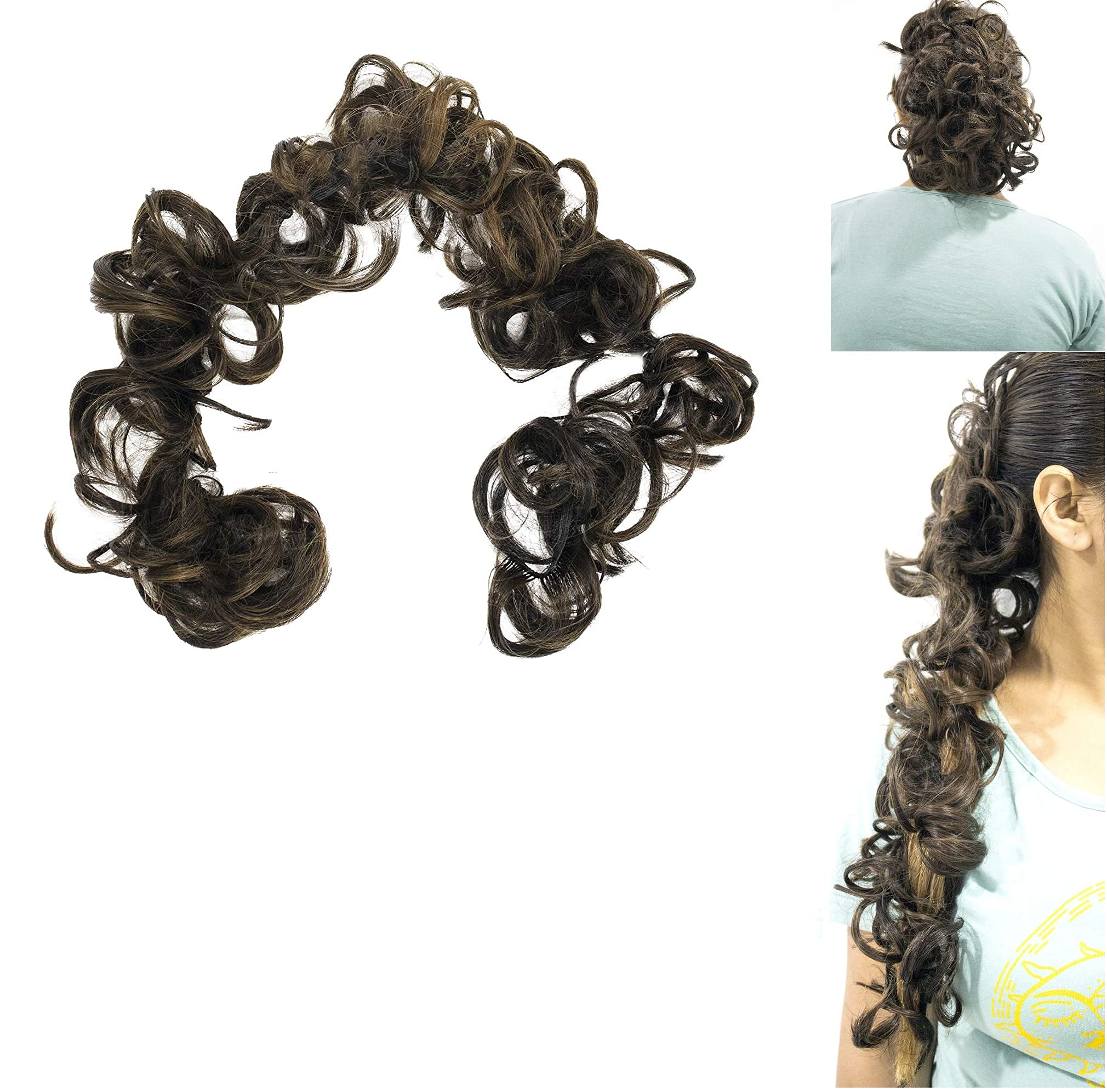 Ekan Synthetic Curly Messy Hair Rope Frill Hair Extensions for Ponytail & Bun - Juda Maker for Women & Girls - Dark Brown with Light Highlights - Perfect for Parties, Weddings & Everyday Styling