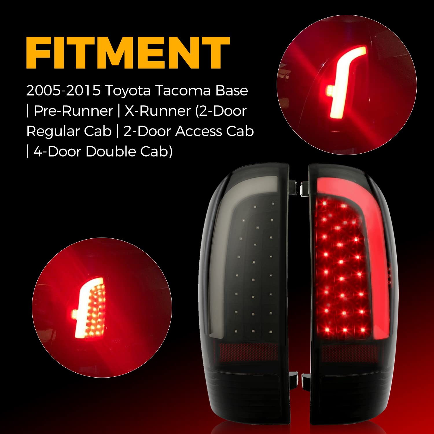 Kojem LED Tail Lights for 2005-2015 Toyota Tacoma - C-Shape LED Tube Bar Rear Lamps Pair with Black Housing & Smoke Lens - Upgrade Your Truck's Style & Visibility for Night Driving & Off-Road Adventures