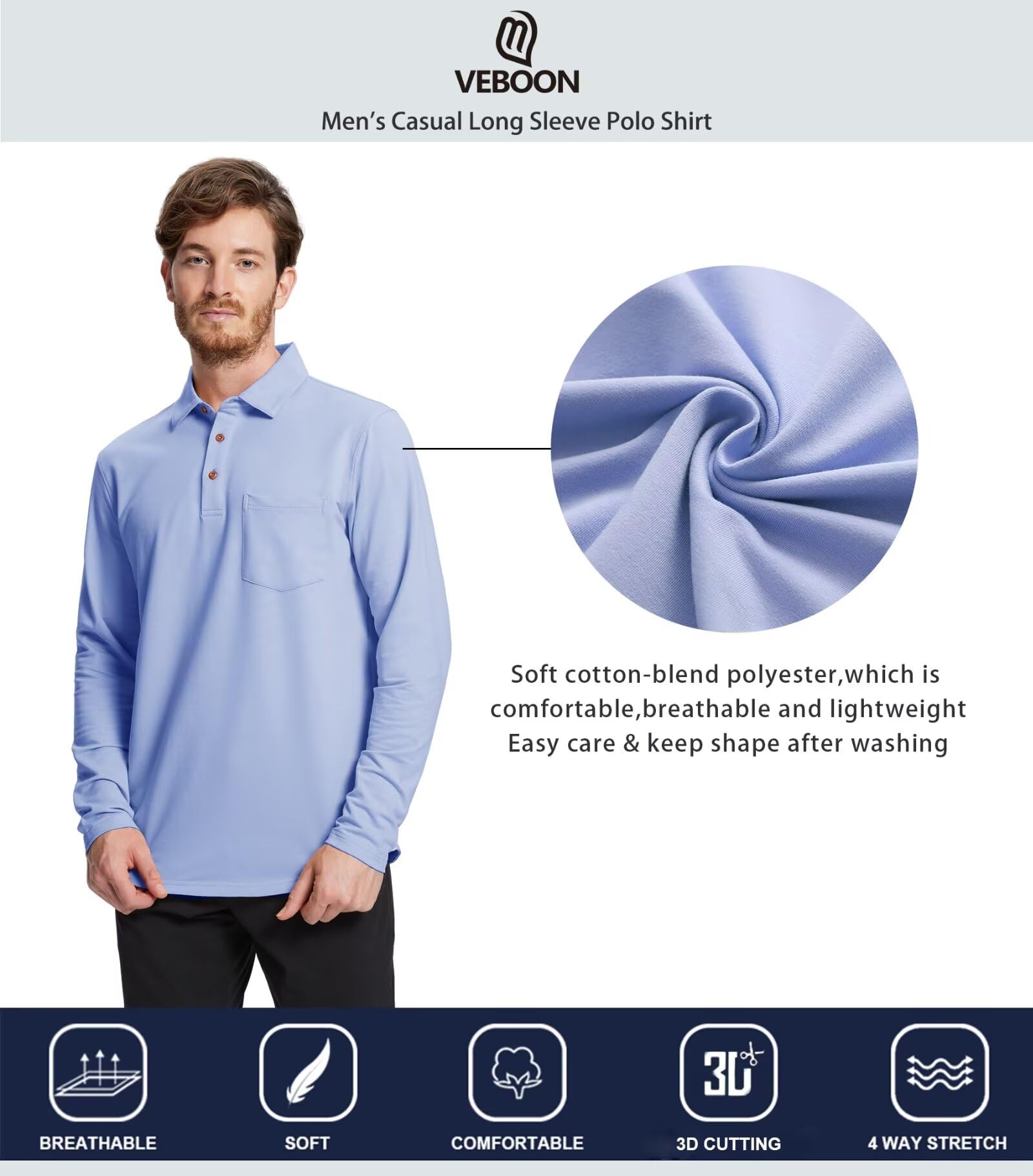 Men's Long & Short Sleeve Polo Shirts - Breathable Cotton Blend, Casual Solid Color with Pocket & Drop Cut Collar - Perfect for Golf, Office Wear & Summer Outfits