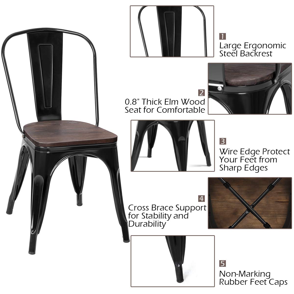 GOFLAME Set of 4 Metal Dining Chairs with Wood Seat - Tolix Style Stackable Bistro Chairs for Indoor & Outdoor Use - High Back Cafe Side Chairs for Restaurant, Living Room, Patio & Kitchen (Black)