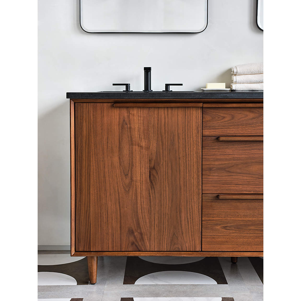 Tate 60-Inch Black Granite Double Sink Bathroom Vanity with Walnut Wood Doors - Modern Bathroom Furniture for Master Bath & Guest Bath Remodel