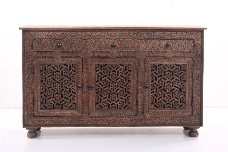 Brown Wooden Carved 3-Door 3-Drawer Sideboard Buffet Table - Rustic Dining Room Storage Cabinet for Kitchen, Living Room & Entryway