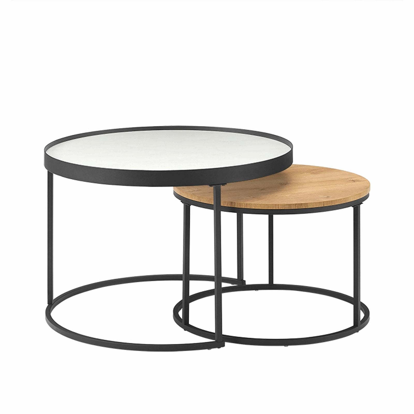 Criterion Nested Coffee Table Set - White Marble & English Oak Wood - Modern Living Room Furniture for Small Spaces & Home Decor