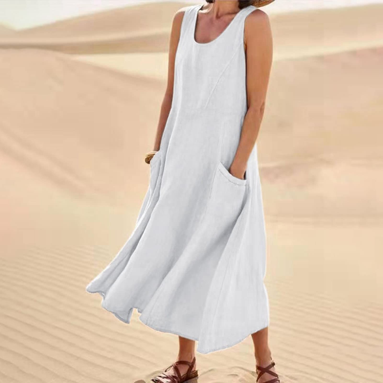 Women's Casual Cocktail Dress - Summer Sleeveless Cotton Linen Pocket Dress with Solid Color | Perfect for Parties, Weddings & Date Nights