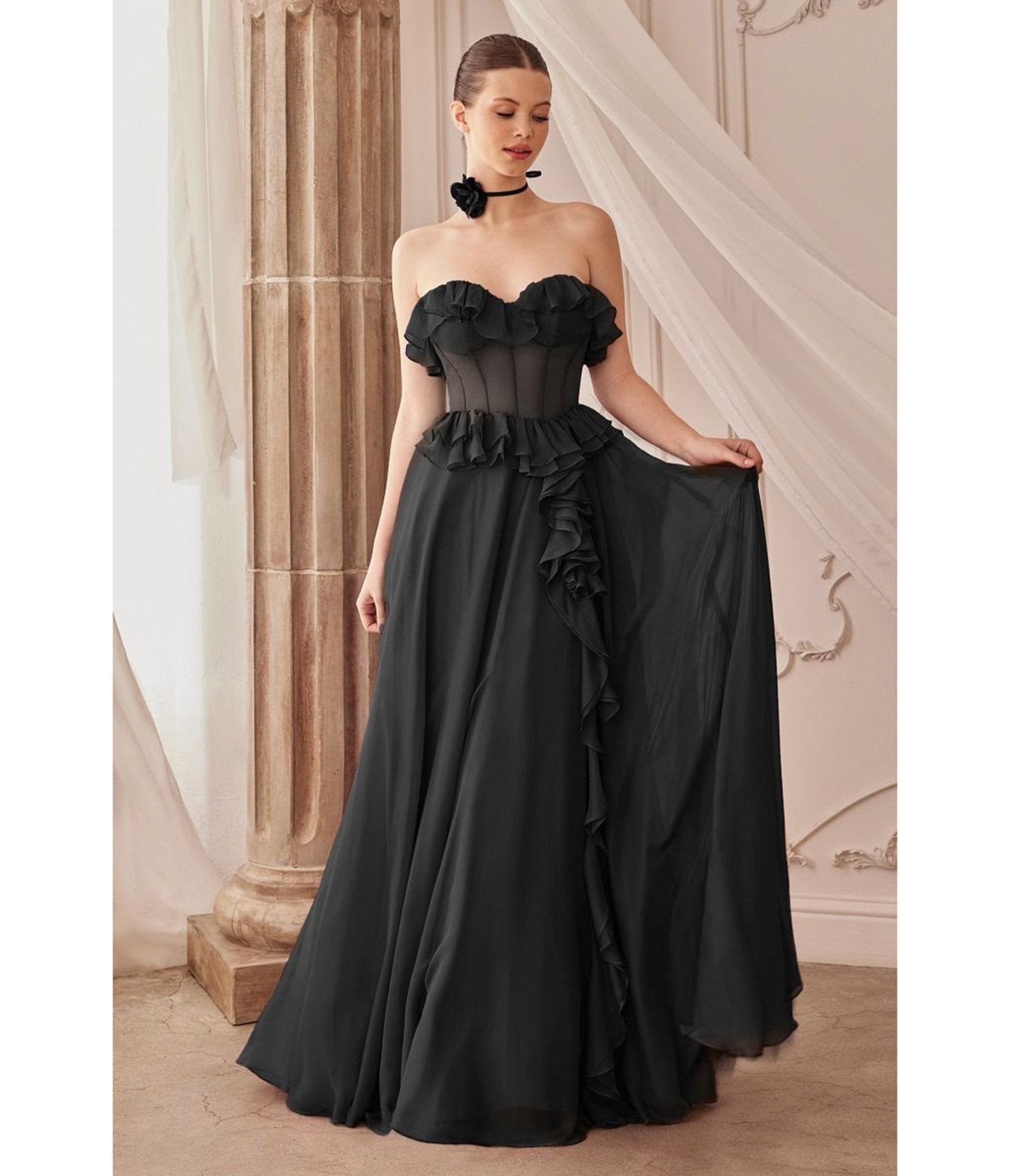 Ladivine By Cinderella Divine Black Strapless Chiffon Prom Dress with Ruffles & High Slit - Perfect for Homecoming, Formal Dances & Evening Events