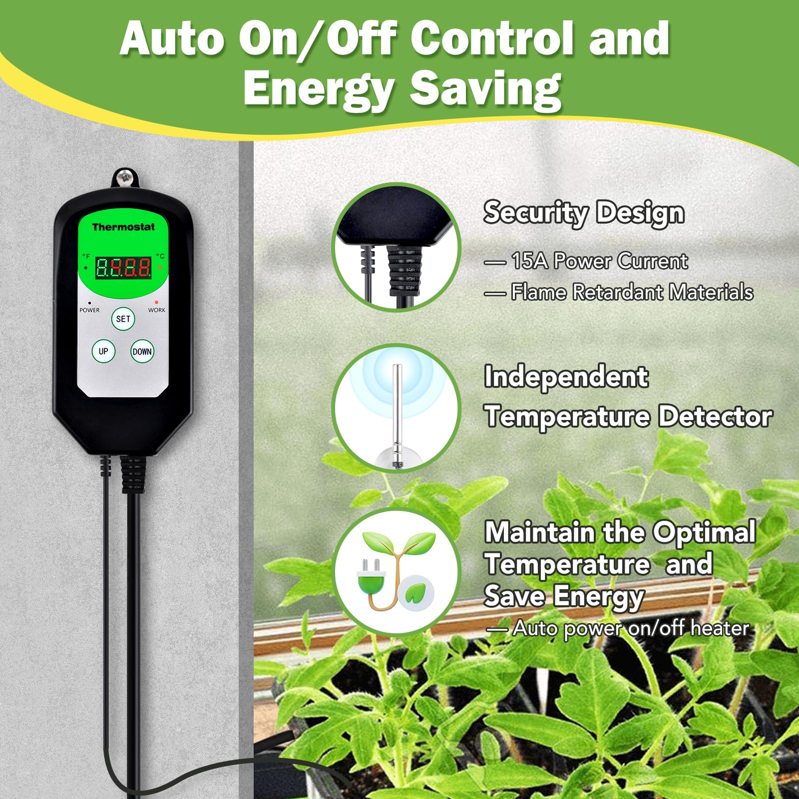 1500W Greenhouse Heater with Digital Thermostat - Auto Power Control & Overheat Protection - Fast Heating Electric Space Heater for Indoor Plants, Grow Tents, Greenhouses, Patios & Winter Gardening