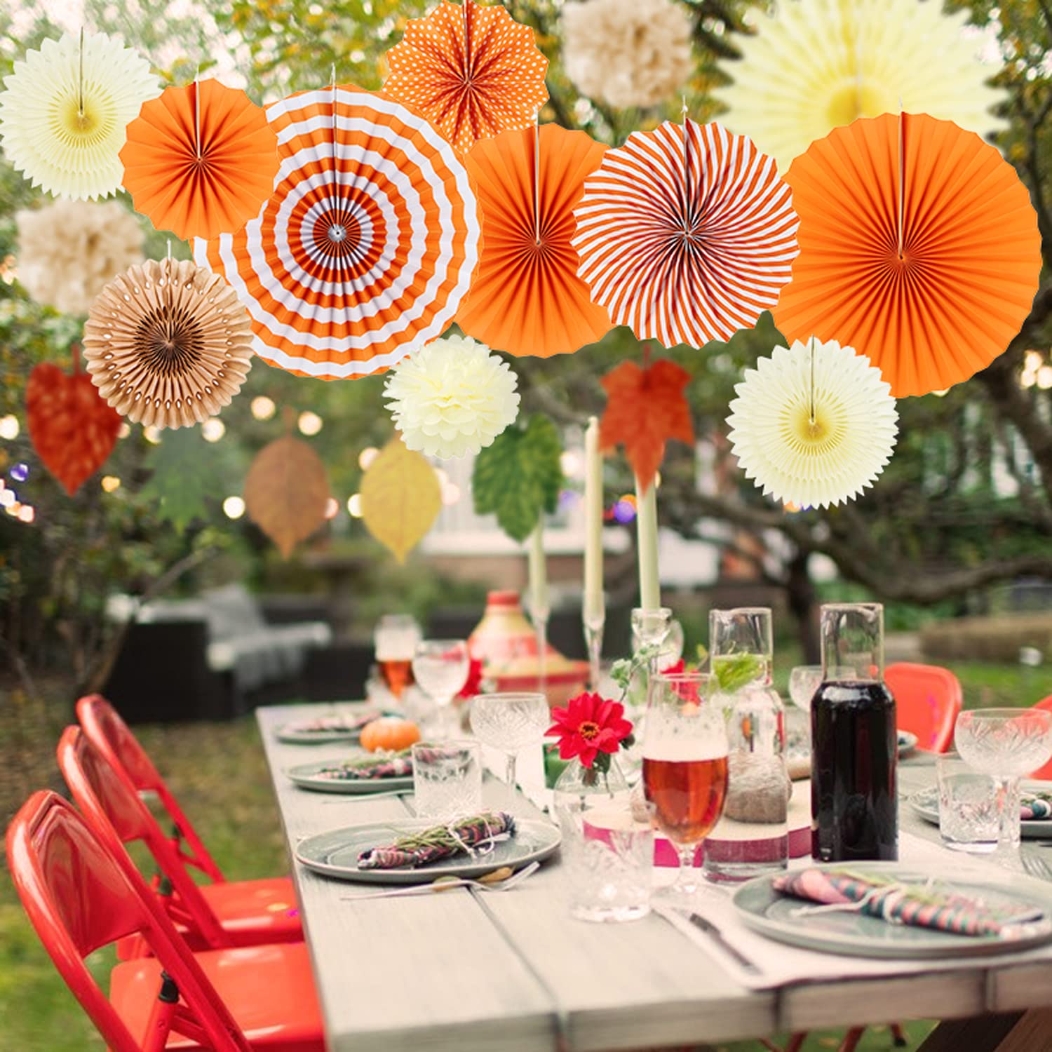 Easy Joy 14-Piece Fall Party Decorations Set - Orange Hanging Paper Fans, Autumn Pom Poms, Paper Lanterns & Maple Leaf Garlands for Thanksgiving, Halloween, Birthday Decorations | Perfect for Home, Classroom & Party Decor