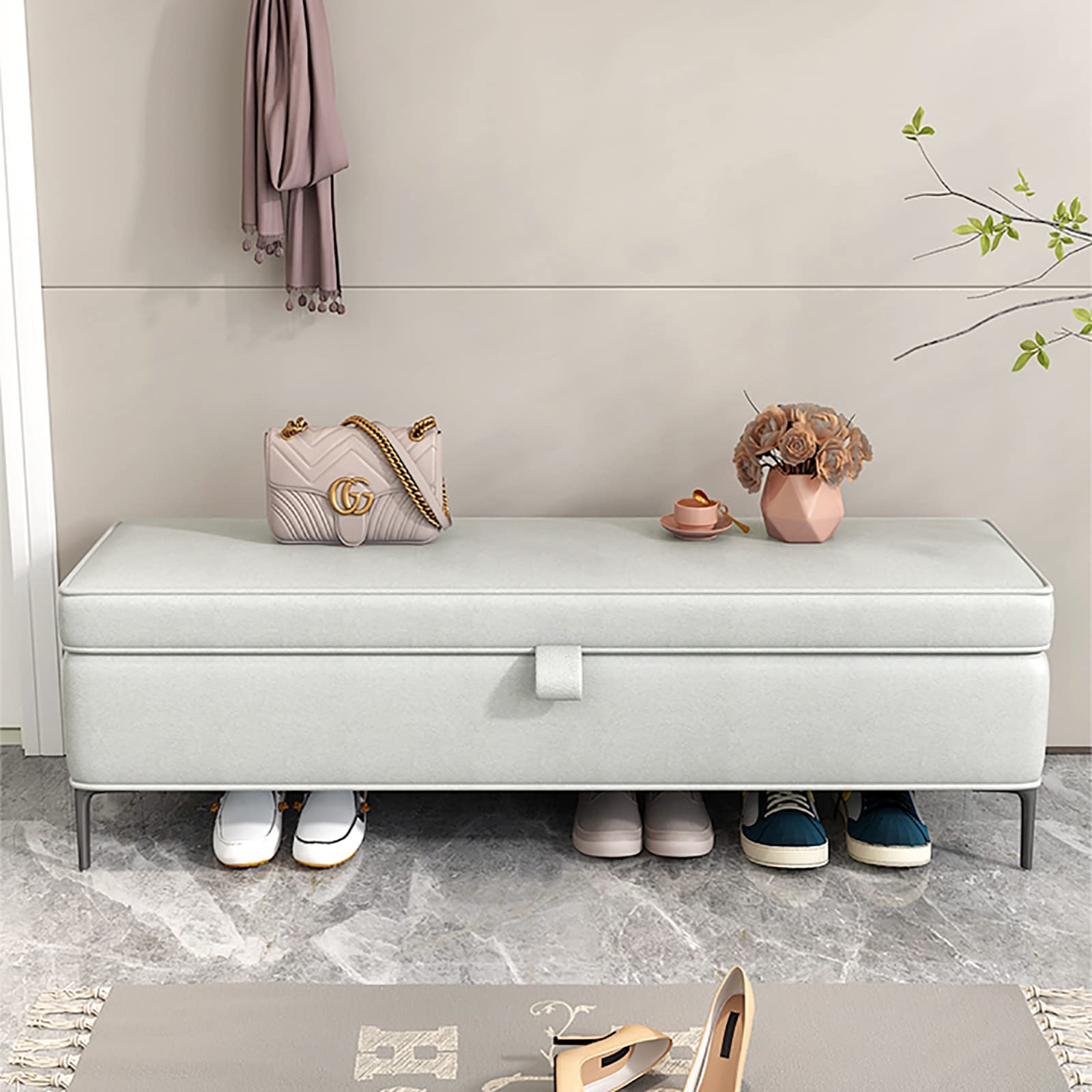 LJCM Faux Leather Storage Ottoman Bench - Premium Upholstered End of Bed Bench with Hidden Storage, Modern Shoe Bench for Bedroom (Gray, 35x16x18 Inches) - Perfect for Small Space Organization & Entryway Seating