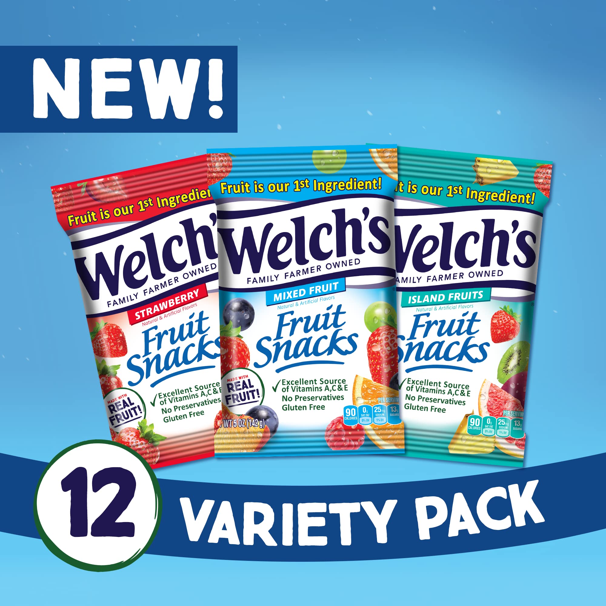 Welch's Mixed Fruit Snacks Variety Pack - Strawberry, Island Fruits, Gluten Free, 5oz (12 Pack) | Healthy On-the-Go Snack for Kids Lunch, School, Travel & Office